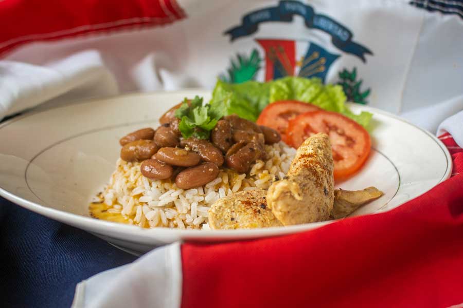 Rice, beans, and chicken platter.