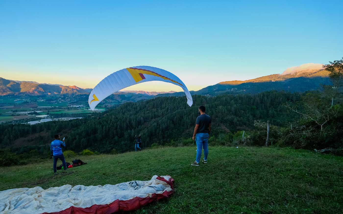 Preparing for paragliding.